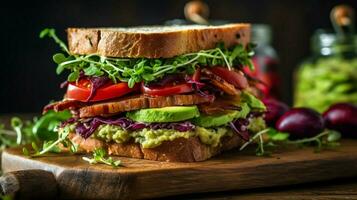 tasty vegan sandwich packed with fresh healthy photo