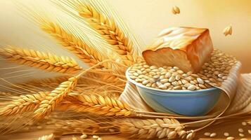 the wheat grain and flour in closeup illustration photo