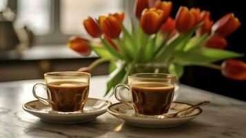 three cups of espresso on a table with a vase photo