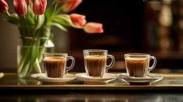 three cups of espresso on a table with a vase photo