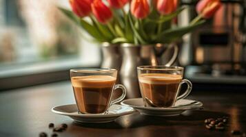 three cups of espresso on a table with a vase photo