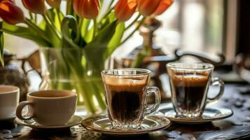 Tres tazas de Café exprés en un mesa con un florero foto