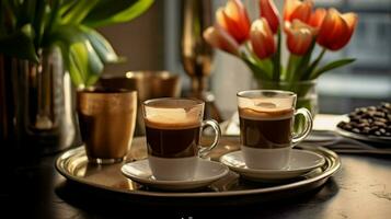 three cups of espresso on a table with a vase photo