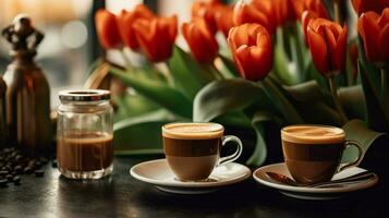 three cups of espresso on a table with a vase photo