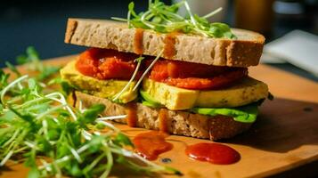 tofu scramble sandwich served on whole wheat roll photo