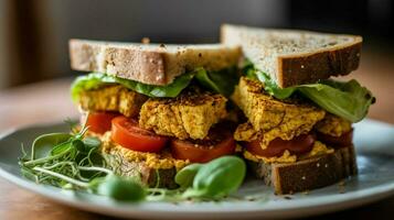 tofu scramble sandwich served on whole wheat roll photo