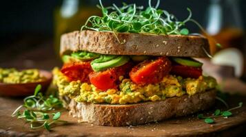 tofu scramble sandwich served on whole wheat roll photo