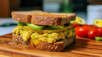 tofu scramble sandwich served on whole wheat roll photo