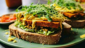 tofu scramble sandwich served on whole wheat roll photo