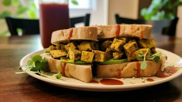 tofu scramble sandwich served on whole wheat roll photo