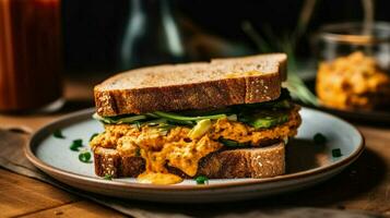 tofu scramble sandwich served on whole wheat roll photo