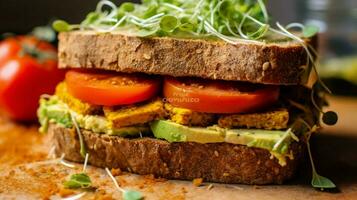 tofu scramble sandwich served on whole wheat roll photo