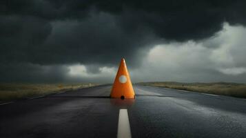 traffic cone in stormy weather with dark skies photo