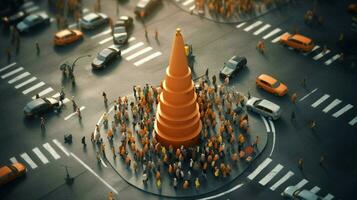 traffic cone in the middle of a busy intersection photo