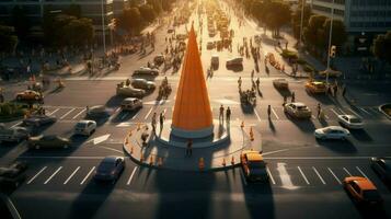 traffic cone in the middle of a busy intersection photo