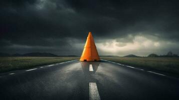 traffic cone in stormy weather with dark skies photo