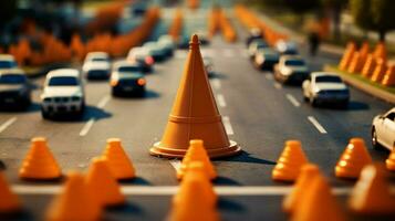 traffic cone in the middle of busy intersection photo