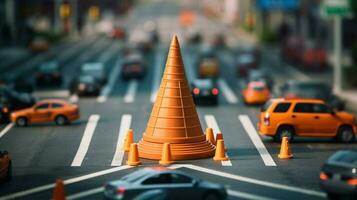 traffic cone in the middle of busy intersection photo