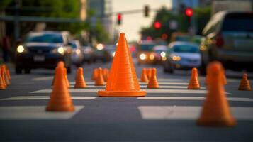 traffic cone in the middle of busy intersection photo