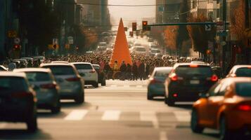 traffic cone in the middle of busy intersection photo