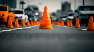 traffic cone in the middle of busy intersection photo