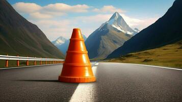 traffic cone on a winding road with mountains photo