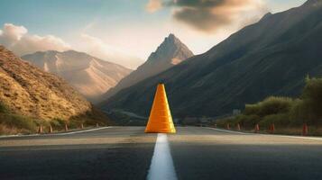 traffic cone on a winding road with mountains photo