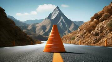 traffic cone on a winding road with mountains photo