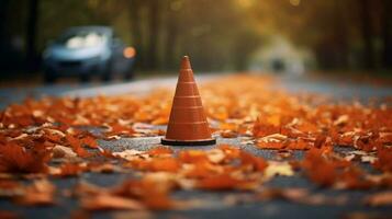 tráfico cono rodeado por otoño hojas en un ganar foto