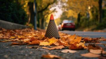 traffic cone on sidewalk surrounded by leaves photo