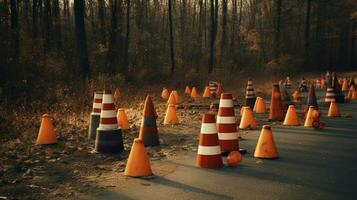 traffic cones and warning signs on the side photo