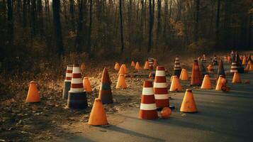 traffic cones and warning signs on the side photo