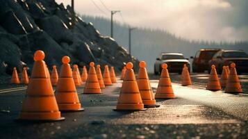 traffic cones and warning signs on the side photo