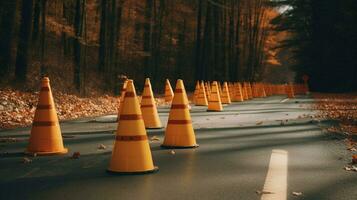 traffic cones and warning signs on the side photo