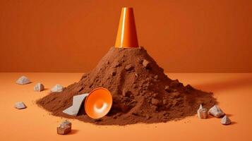 traffic cone with large hole next to pile of fresh photo