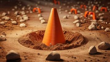 traffic cone with large hole next to pile of fresh photo