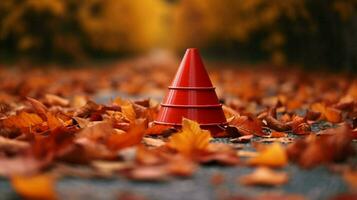 traffic cone surrounded by autumn leaves on a win photo