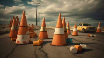 traffic cones and warning signs on the side photo