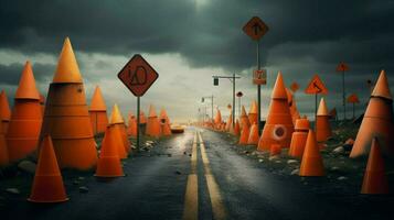 traffic cones and warning signs on the side photo