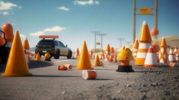 traffic cones and warning signs on the side photo