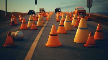 traffic cones and warning signs on the side photo