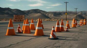 traffic cones and warning signs on the side photo