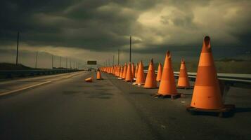 traffic cones and warning signs on the side photo