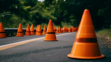 traffic cones and warning signs on the side photo