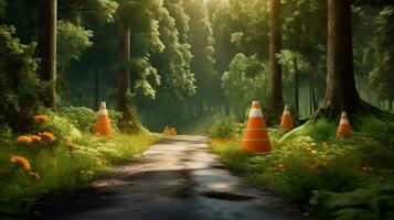 traffic cones in a beautiful natural setting photo