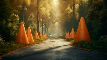 traffic cones in a beautiful natural setting photo