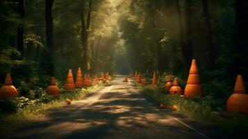 traffic cones in a beautiful natural setting photo