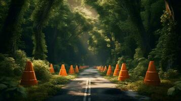 traffic cones in a beautiful natural setting photo