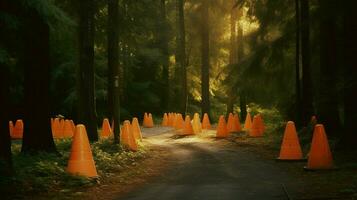 traffic cones in a beautiful natural setting photo
