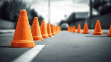 traffic cones in a line creating barrier on busy photo